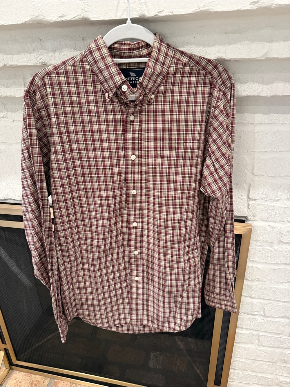 American Living Red and Cream Plaid Button-Down Shirt